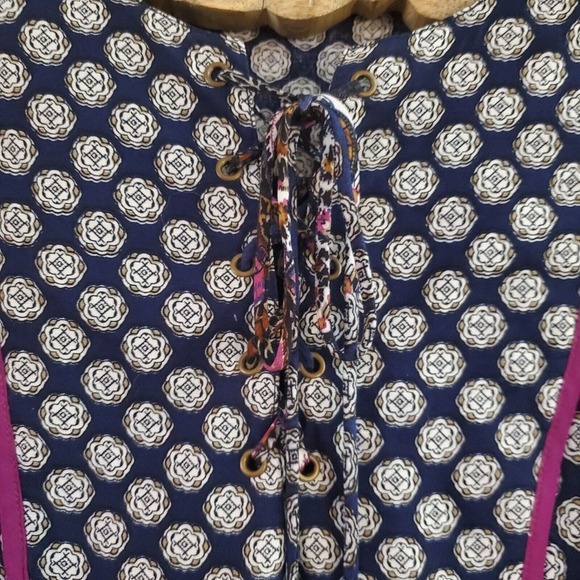 Umgee Dress Women's Size Medium Navy Peasant Boho 3/4 Sleeved Lace Up Front - Picture 3 of 4